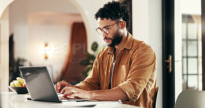 Buy stock photo Laptop, typing or serious man in home office for freelance, online research or journalist proofreading story. Computer, remote work or writing creative article, editing or review news for publication