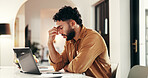Freelancer, tired and man with headache on laptop, financial crisis or burnout with brain fog. Migraine, remote work and sick with pain, stress or overworked with eye strain or fatigue in home office