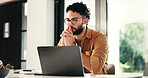 Laptop, thinking and man reading in home office for remote work, planning or journalist with story idea. Computer, creative freelancer and inspiration for article, problem solving or insight for news