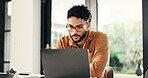 Laptop, reading and man in home office for online research, remote work or journalist proofreading story. Computer, serious or creative freelancer with article, editing or review news for publication