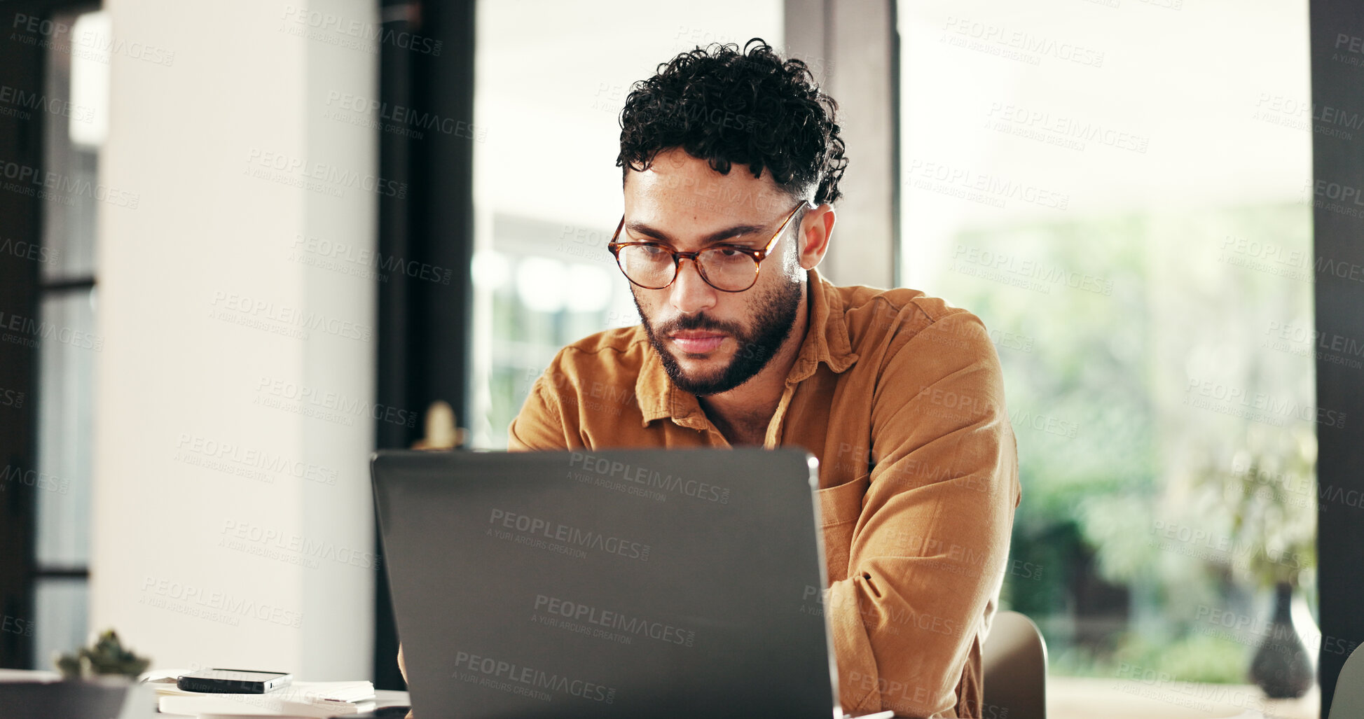 Buy stock photo Laptop, reading and man in home office for online research, remote work or journalist proofreading story. Computer, serious or creative freelancer with article, editing or review news for publication