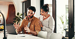 Discussion, laptop or couple for budget goal, partnership or household bills planning. Paperwork, profit target or people with invoice for finance report, stocks growth or income salary conversation