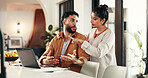 Conversation, laptop or couple for budget goal, partnership or household bills discussion. Paperwork, profit target or people with invoice for finance report, stocks growth or income salary planning