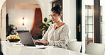 Laptop, typing and woman in home for freelance accounting or revenue audit. Computer, remote work and female person writing financial report, payroll management or bookkeeping for tax return online