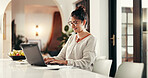 Laptop, typing and happy woman in home office for remote work, accounting or revenue audit. Computer, freelancer and writing financial report, budget planning and bookkeeping for profit on internet