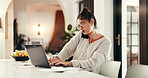 Phone call, remote work and woman typing on laptop in home with communication for client feedback. Computer, contact and event planner with freelance job on mobile discussion for vendor booking.
