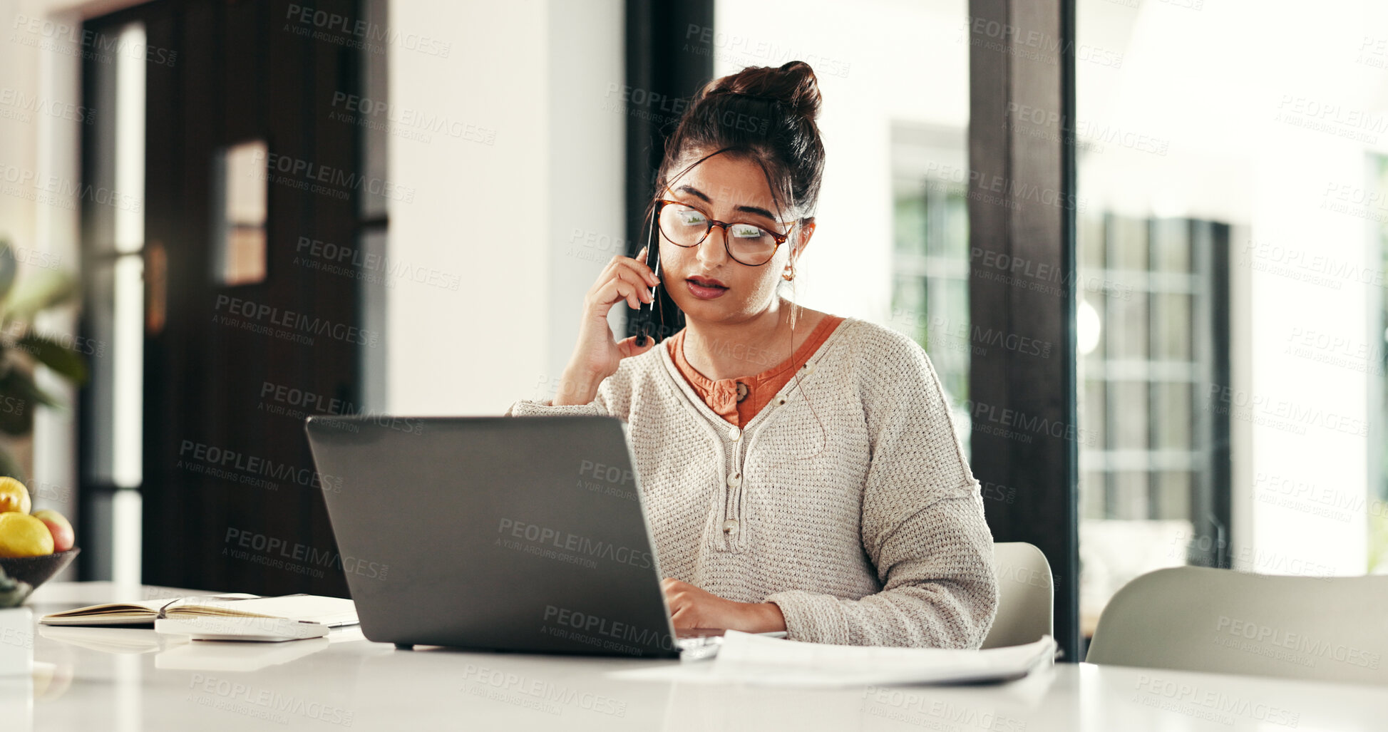 Buy stock photo Phone call, remote work and woman with laptop in house with contact for client feedback. Computer, communication and event planner with freelance job on mobile discussion for vendor negotiation.