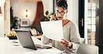 Phone call, report and woman with laptop in home with communication for client feedback. Computer, contact and female event planner with freelance job on mobile discussion for vendor negotiation
