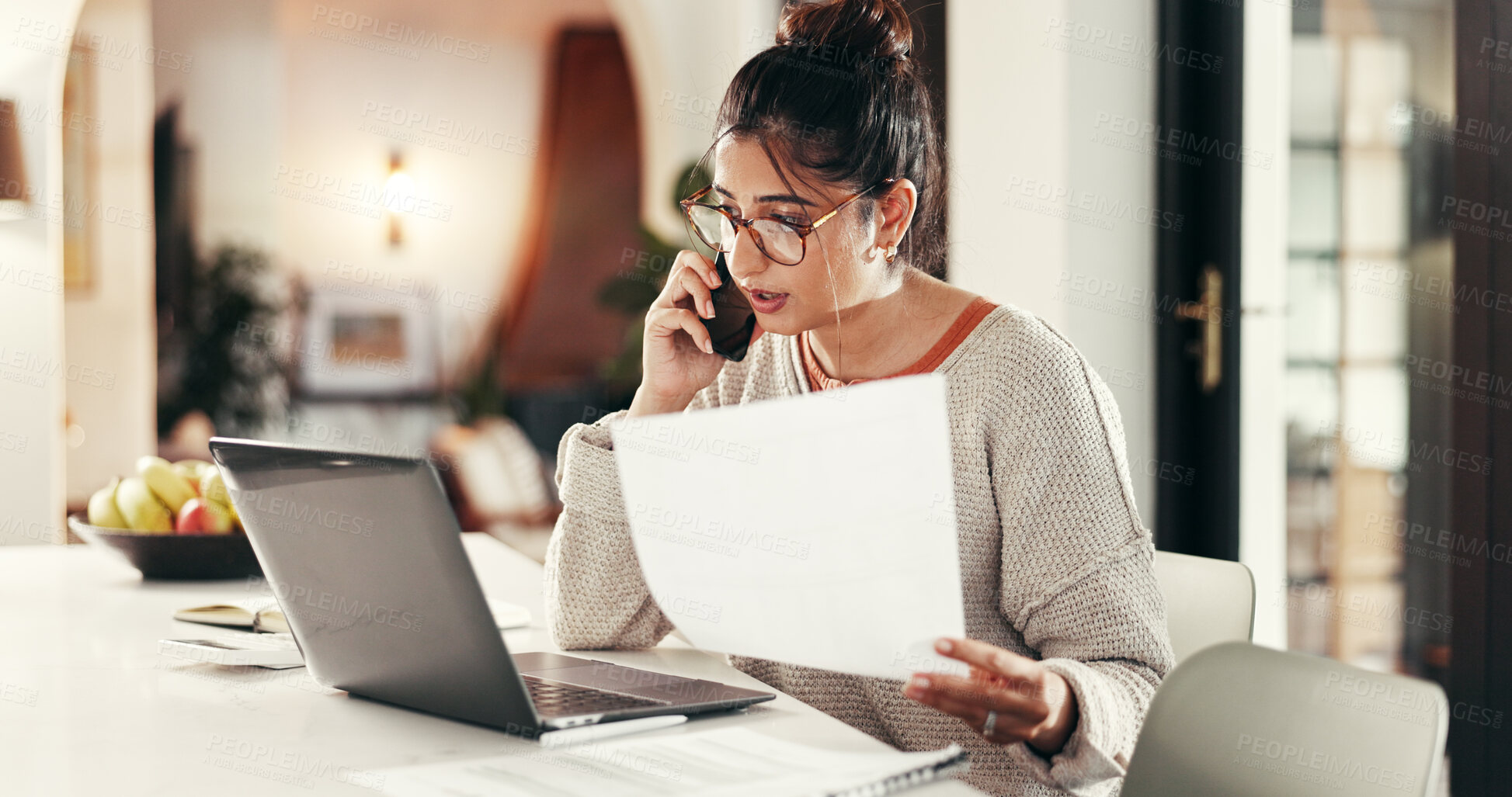 Buy stock photo Phone call, contract and woman with laptop in house with remote work for client feedback. Computer, document and female event planner with freelance job on mobile discussion for vendor booking.