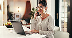 Phone call, happy and woman with laptop in home with communication for client feedback. Computer, contact and female event planner with freelance job on mobile discussion for vendor negotiation.