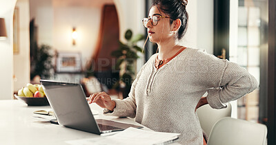 Buy stock photo Remote work from home, back pain or woman with laptop, tension or pressure in lounge. Writer, person or journalist with computer, tired or burnout with fatigue, injury or overworked with poor posture