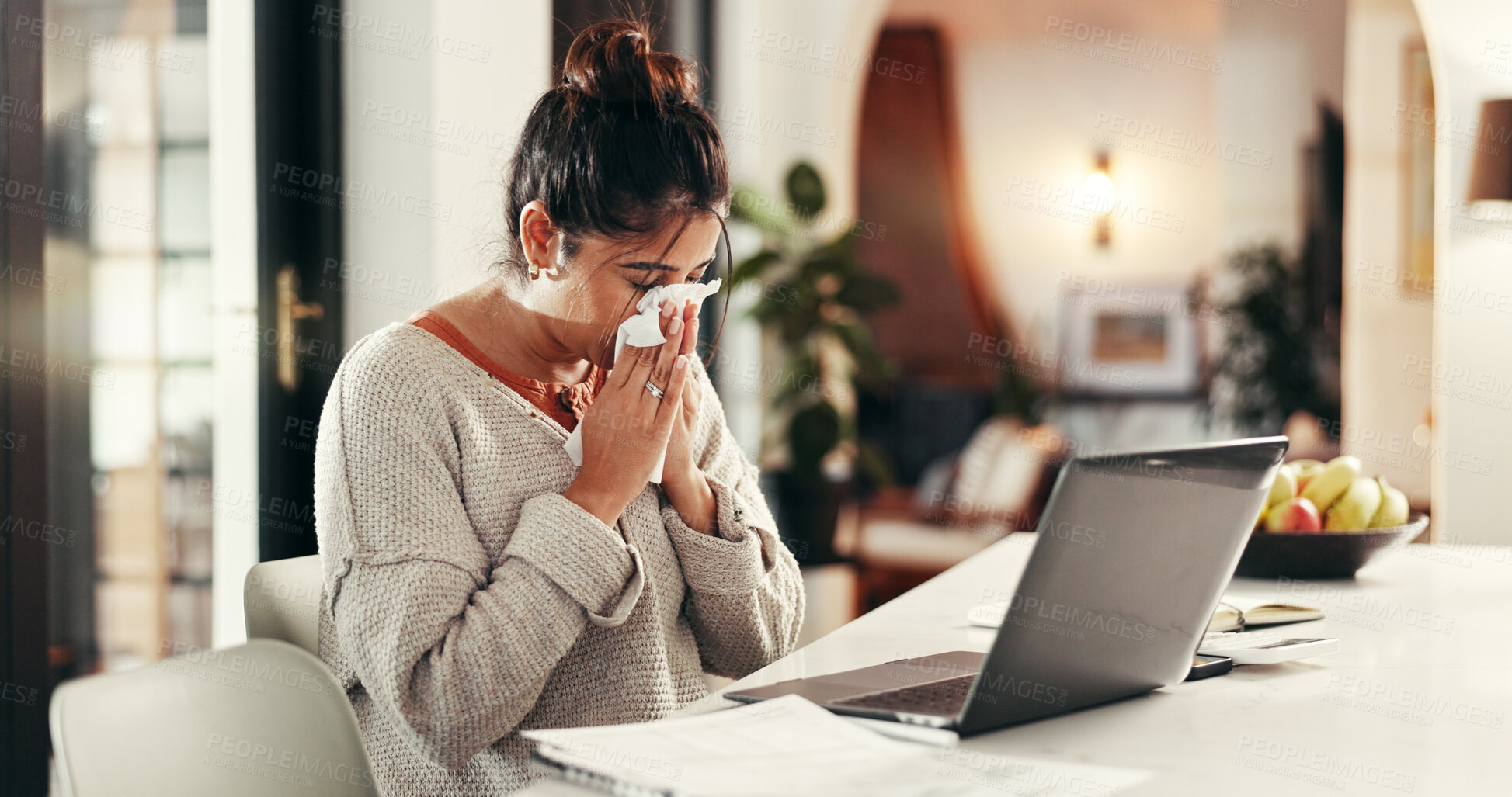 Buy stock photo Remote work, sick and woman sneeze in home for virus, bacteria infection or flu with laptop. Health problem, blow nose and freelance person with allergy or eucalyptus tissue for congestion in kitchen