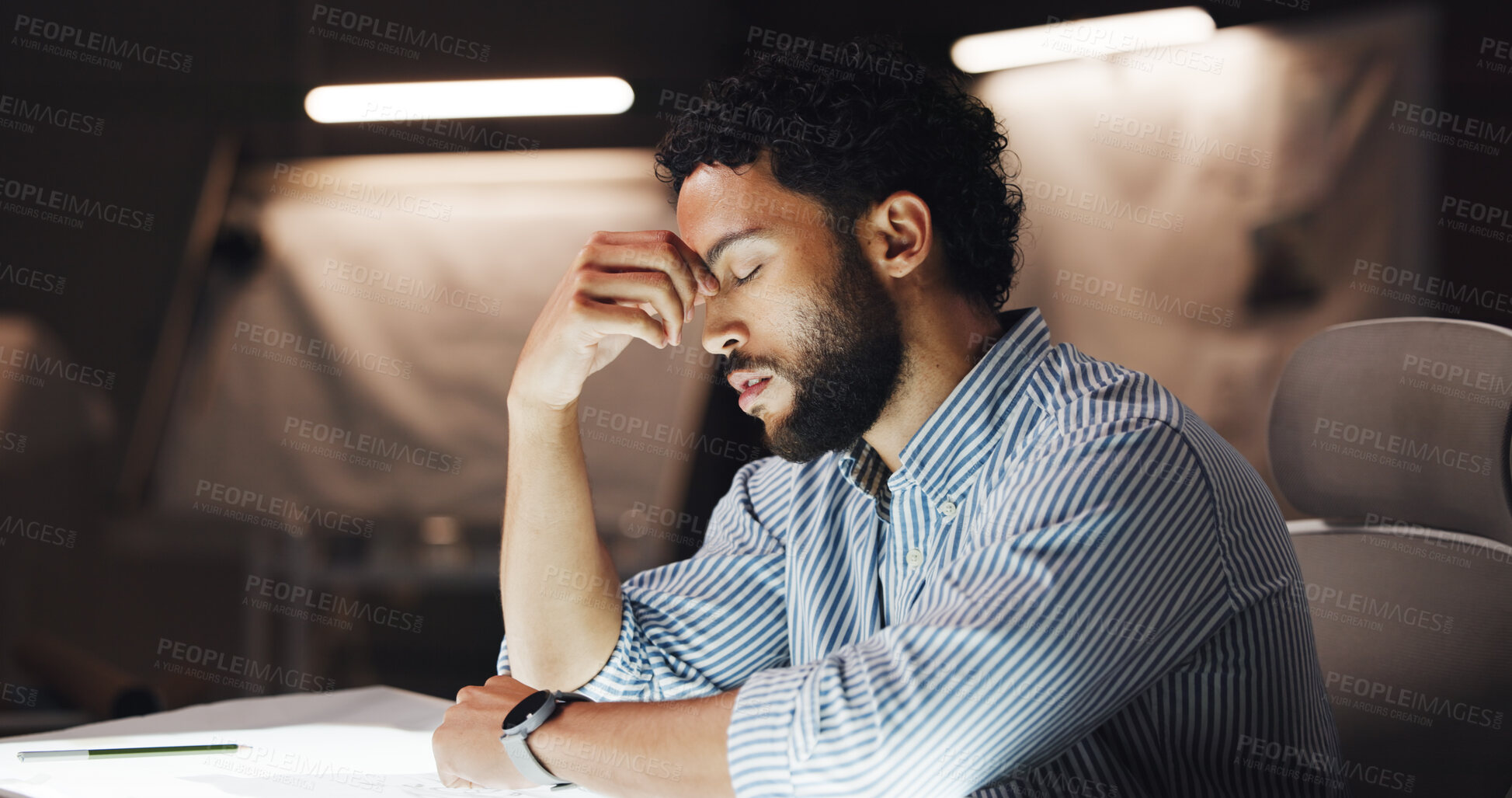 Buy stock photo Frustrated man, architect and night with headache for stress, mistake or overworked at office. Businessman, civil engineer or designer with migraine or eye strain for project deadline or pressure