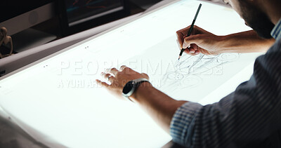 Buy stock photo Man, hands and designer with drawing for car prototype, modeling or graphic design on light table. Male person, mechanical engineer or digital sketch with 2D vehicle, blueprint or automobile project