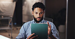 Businessman, architect and research with tablet for project development or digital layout at office. Man, civil engineer or graphic designer working late with technology at night for app or deadline