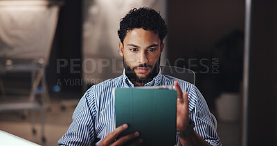Buy stock photo Businessman, architect and research with tablet for project development or digital plan at office. Man, civil engineer or technical designer working late with technology at night for app or deadline