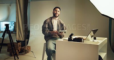 Buy stock photo Studio, photographer and portrait of man with tablet for editing software, photoshoot and production. Happy, creative director and person with digital tech for media catalogue, photography and film