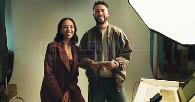 Buy stock photo Photography, portrait and tablet with people in studio together for discussion, photoshoot or planning. Backstage, creative or media with model and photographer on set for collaboration or review