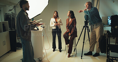 Buy stock photo Makeup artist, model and photographer together in studio for discussion, photoshoot or planning. Backstage, creative and media with photography people on set for collaboration, conversation or review