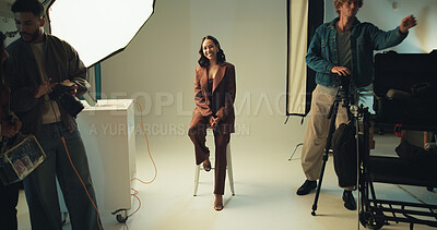 Buy stock photo Photography, portrait and smile with model in studio for catalog or magazine photoshoot. Backstage, creative or media with happy woman on set for advertising, marketing or production campaign
