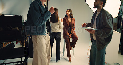 Buy stock photo Conversation, photography and tablet with people in studio together for discussion, photoshoot or planning. Behind the scenes, creative or media with makeup artist, model and photographer on set