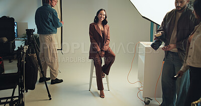 Buy stock photo Photography, portrait and smile with model backstage for start of catalog or magazine photoshoot. Creative, lighting or media with makeup artist and photographer person getting ready for film shoot