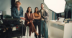 Photography, portrait and smile with people in studio together for collaboration, editing or photoshoot. Backstage, creative or media with makeup artist, model and photographer on set for filming