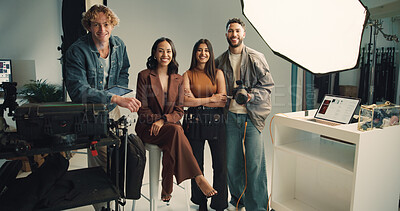 Buy stock photo Photography, portrait and smile with people in studio together for collaboration, editing or photoshoot. Backstage, creative or media with makeup artist, model and photographer on set for filming