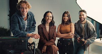 Buy stock photo Photography, portrait and smile with people backstage together for filing, photoshoot or production. Collaboration, creative or media with happy makeup artist, model and photographer in studio