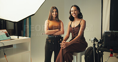 Buy stock photo Portrait, production model and happy women on set for photoshoot, fashion magazine or style. Makeup artist, photography and people with smile for behind the scenes, creative catalog or art for media
