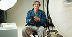 Portrait, man and photographer with camera in backstage for photoshoot, start catalog and about us. Smile, male person and tech of photography bts, film production and editing picture in art industry