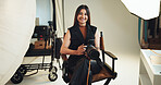 Smile, woman and photographer for portrait in studio of photoshoot results, start catalog and about us. Happy, person and camera of photography career, film production and editing picture in industry