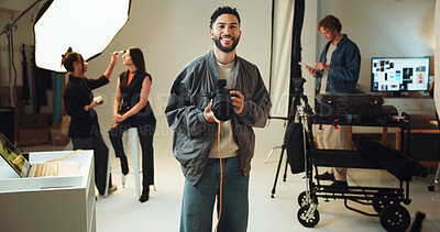 Buy stock photo Photography, portrait and smile with man in studio for start of professional film or photoshoot. Backstage, creative or media and happy photographer on set with makeup artist and model for production