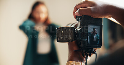 Buy stock photo Camera, photography and screen with people in studio together for magazine photoshoot closeup. Backstage, display or production with model and photographer on set for fashion or style catalog