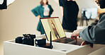 Laptop screen, photographer and editing in studio for creative, digital art or magazine project. Technology, photoshoot and picture of model on computer for catalog, magazine or website publishing.