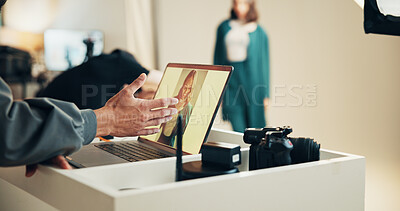 Buy stock photo Laptop, screen and hands with photography editor in studio for production, fashion and design. Creative art, person and retouching on computer closeup for editing picture of model behind the scenes