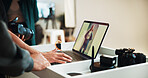 Laptop screen, photography and hands editing in studio for creative, art or magazine project. Technology, photoshoot and picture of model on computer for catalog, magazine or website publishing.