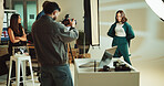 Photoshoot, studio and photographer with model on set for creative, about us or career. Media, production and female person with photography behind the scenes for fashion magazine cover with agency