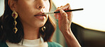 Photography, woman and hands with model for lipstick in studio for production, preparation or photoshoot. Creative, media and female person with beautician for magazine editorial with cosmetic makeup