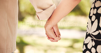 Buy stock photo Outdoor, holding hands and couple with love, closeup and nature with unity, support and bonding together. Romance, man and woman in park, relationship and trust with marriage, travel and loyalty