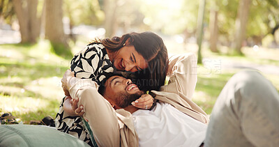 Buy stock photo Laughing, bonding and couple on date, picnic and joke for conversation in nature, smile or relationship. Embrace, man and romance with woman on anniversary, outdoor and people with commitment or park