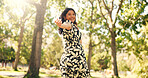 Portrait, smile and woman with invite outdoor for travel, summer vacation and freedom of getaway journey. POV, female person and walk with happy, follow gesture and leading for adventure at park