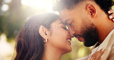Buy stock photo Forehead, smile and couple on date, nature and romance for people on anniversary, love or outdoor. Park, woman and affection for man, happy and together for valentines day, relationship or commitment