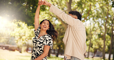 Buy stock photo Dancing, nature and fun for couple, happiness and celebration of anniversary on date, laughing and care. Outdoor, man and woman with smile for valentines day, bonding and people with rhythm or love