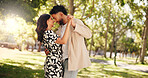 Dancing, nature and fun for couple, romance and celebration of anniversary on date, movement or care. Outdoor, man and woman with smile for valentines day, happiness and people with rhythm or bonding