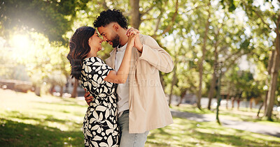 Buy stock photo Dancing, nature and fun for couple, romance and celebration of anniversary on date, movement or care. Outdoor, man and woman with smile for valentines day, happiness and people with rhythm or bonding