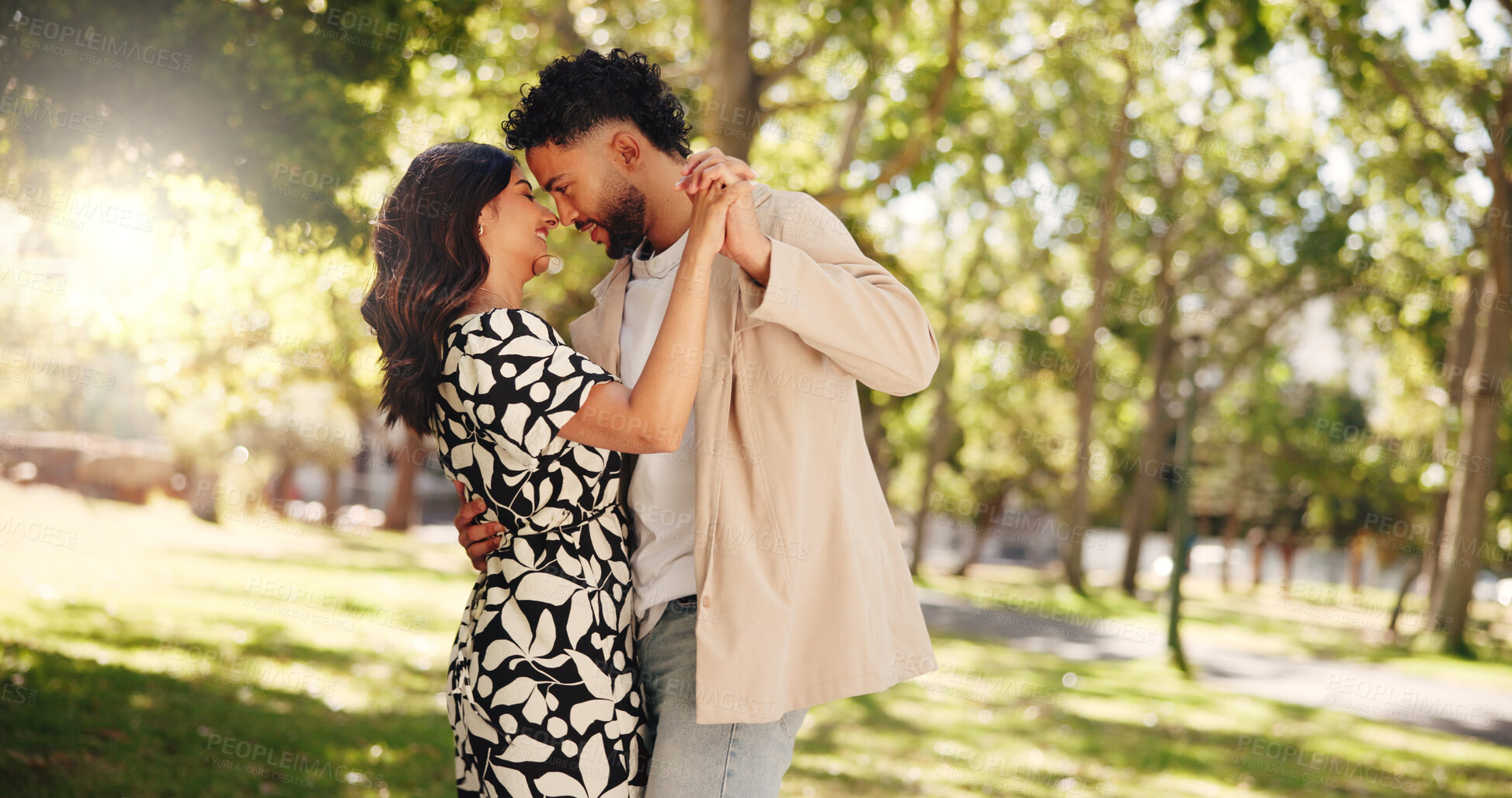 Buy stock photo Dancing, nature and fun for couple, romance and celebration of anniversary on date, movement or care. Outdoor, man and woman with smile for valentines day, happiness and people with rhythm or bonding