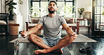 Fitness, meditation and yoga with man in living room of home for health, pilates or wellness routine. Breathing, exercise and holistic with person on floor of apartment for balance or mindfulness
