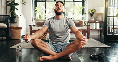 Buy stock photo Fitness, meditation and yoga with man in living room of home for health, pilates or wellness routine. Breathing, exercise and holistic with person on floor of apartment for balance or mindfulness