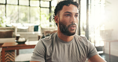 Buy stock photo Breathing, exercise and yoga with man in living room of home for health, pilates or wellness routine. Fitness, holistic and inner peace with person on floor of apartment for balance or mindfulness